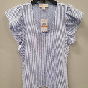 NWT Michael Kors V-neck blue and white stripe blouse